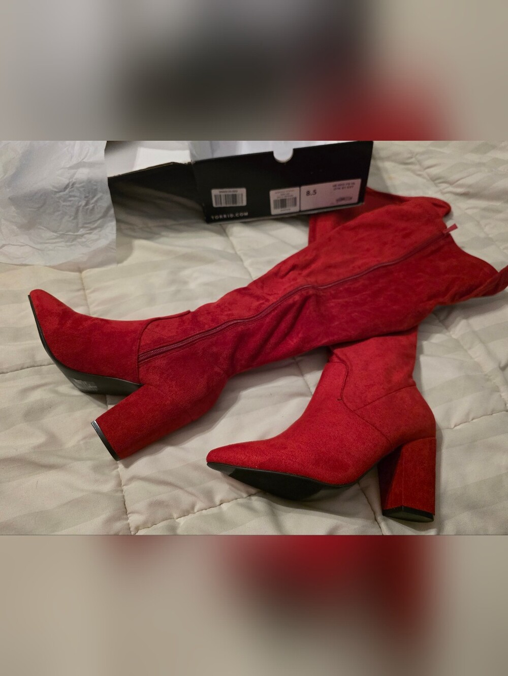Torrid 8.5 Red Suede Knee-High Block Heel Boots, Wide Calf Approved. - Picture 3 of 11